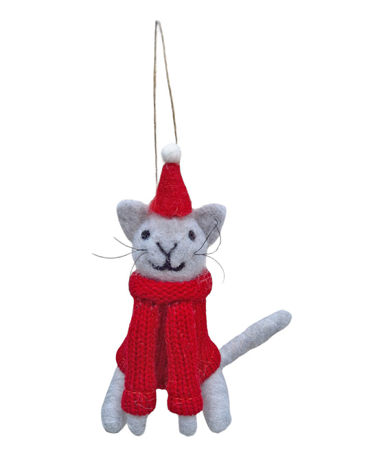 Felt Xmas Cat - Grey & Red