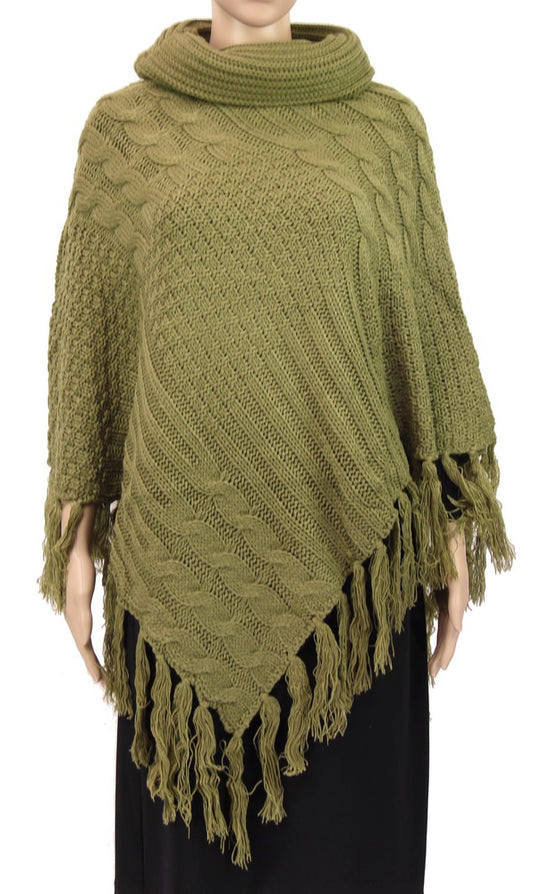 Cable Knit Tassel Poncho